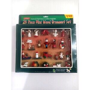Joybrite Vintage 24 pc Mini Wood Ornament Set New Old Stock Hand Painted